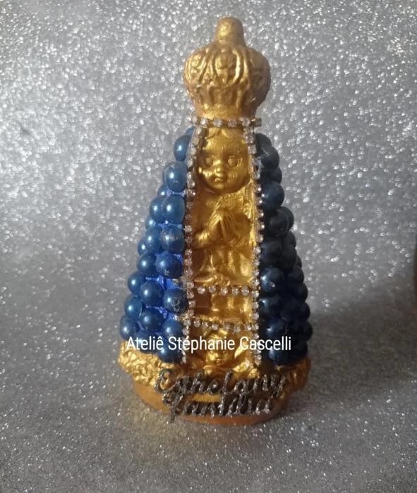 Nossa Senhora Aparecida azul e dourada personalizada com o nome da cliente